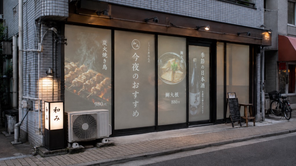 店舗のガラス戸全体へ投影したイメージ